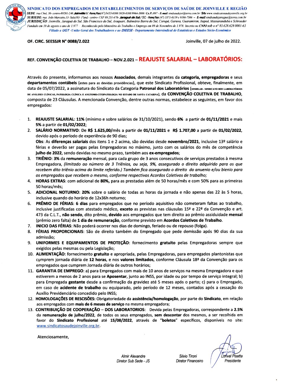 REF. CONVÊNÇÃO COLETIVA DE TRABALHO – NOV.2.021 – REAJUSTE  SALARIAL - LABORATÓRIOS
