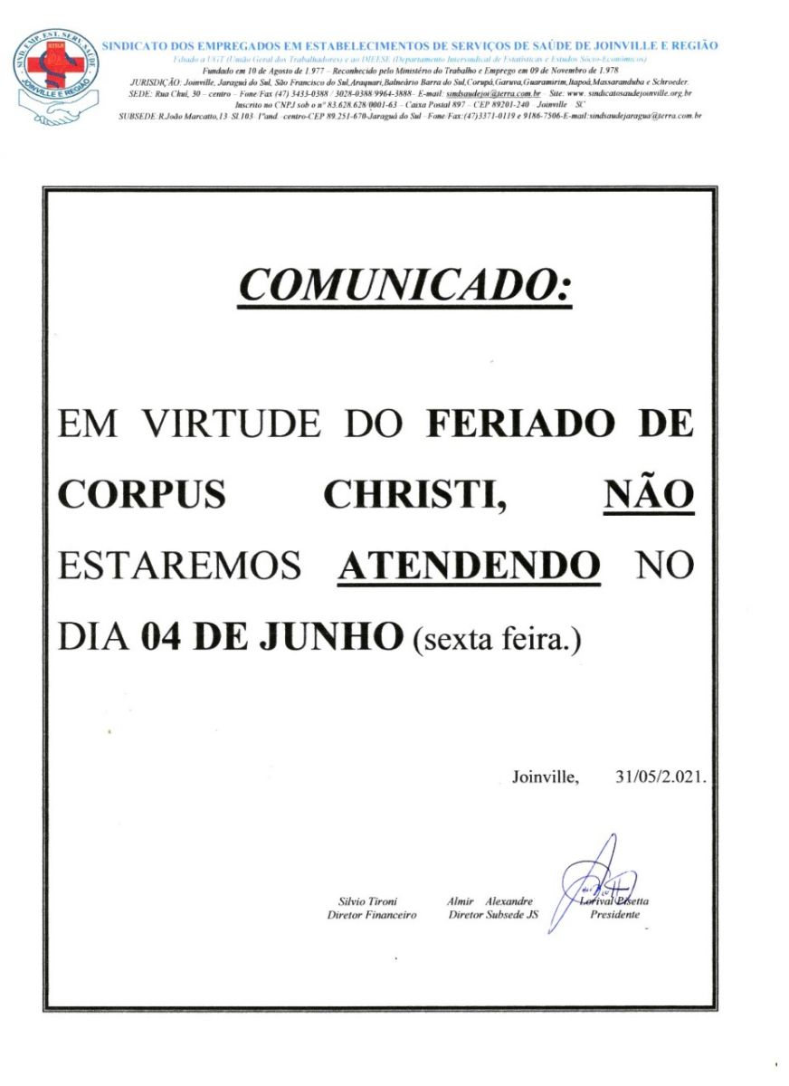 Comunicado - Corpus Christi